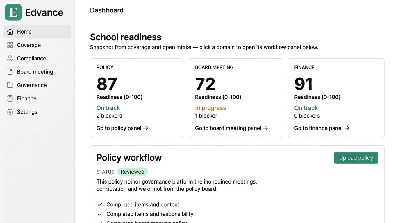 Edvance dashboard showing governance, compliance, and readiness status for UK schools